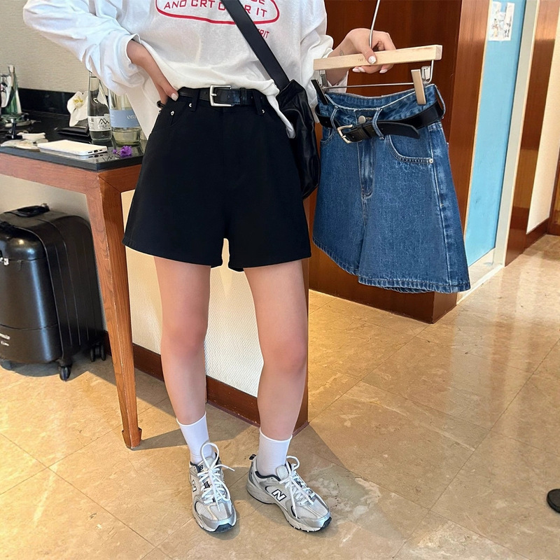 水洗夏季新款深蓝色高腰阔腿牛仔短裤女A字阔腿遮肉显瘦休闲热裤|undefined