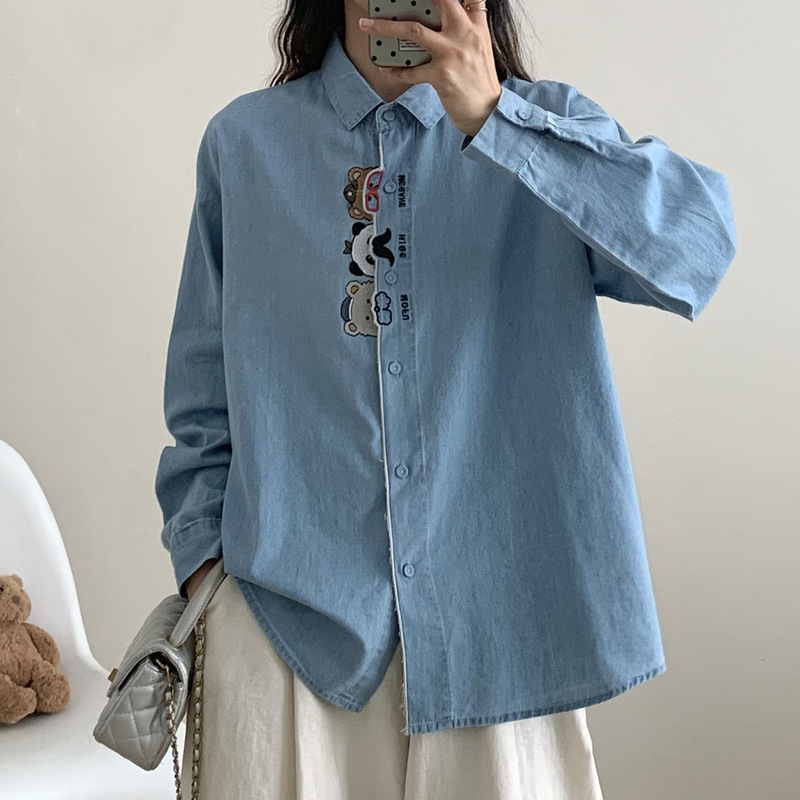 春季新款复古文艺卡通刺绣纯棉牛仔衬衫 翻领宽松上衣开衫女|undefined