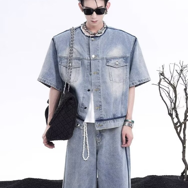 夏季西装垫肩洗水复古短款牛仔衬衫男设计感休闲百搭美式情侣马甲