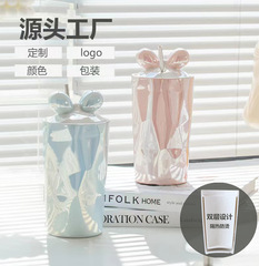 Double-layer straw bow girl's handy cup anti-scalding pearl glaze girl's cute ceramic drinking cup with lid wholesale