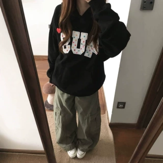 韩系彩色爱心波点贴布刺绣连帽卫衣女秋冬情侣宽松慵懒风上衣外套