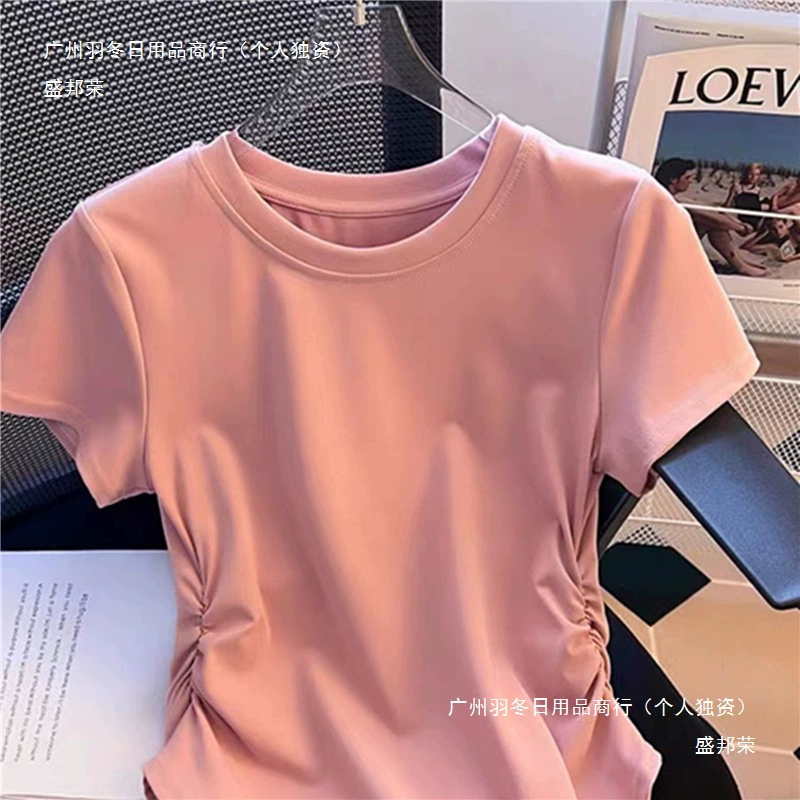 Милый и пряный женский топ с плиссированной талией и нерегулярной талией, летний пуловер с короткими рукавами и круглым вырезом, тонкая и универсальная футболка