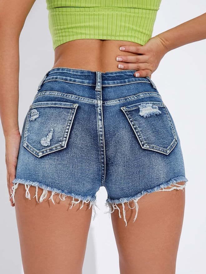 Washed denim shorts voor dames elastische broek voor casual stijl_voghion.com