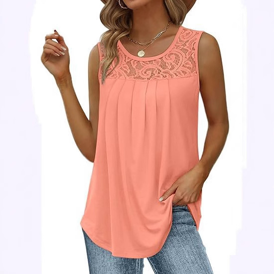 Saloogoe Women's Summer Vest Loose Pleated Low Round Neck Sleeveless Lace Top with Curved Hem and Elegant Saloogoe Women's Summer Vest Loose Pleated Low Round Neck Sleeveless Lace Top with Curved Hem and Elegant