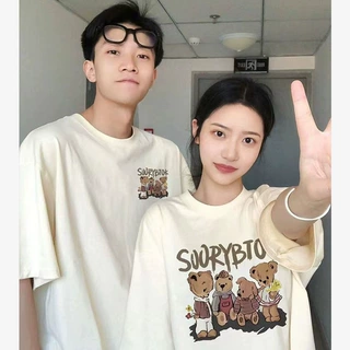 新款设计感小众小熊印花情侣T恤夏季纯棉宽松显瘦短袖洋气女上衣
