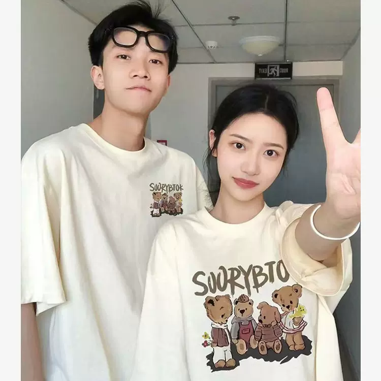新款设计感小众小熊印花情侣T恤夏季纯棉宽松显瘦短袖洋气女上衣