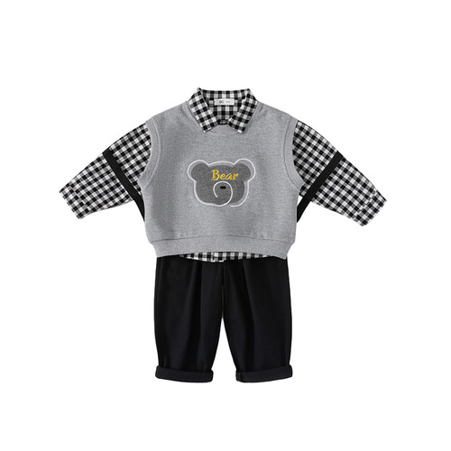 babycity Huzhou children's clothing Korean style bear vest three-piece set boys spring clothing boys and girls set CT83035
