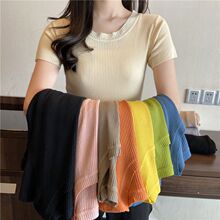 2025新款纯色T恤女夏季修身百搭上衣春秋薄款冰丝短袖打底针织衫