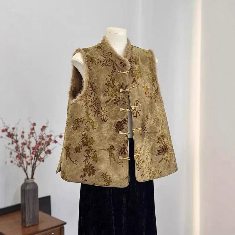 High-End New Chinese Style Imitation Mink Fur Vest Round Neck Buckle National Style Outer Wear Quilted Vest Thickened Vest for Women
