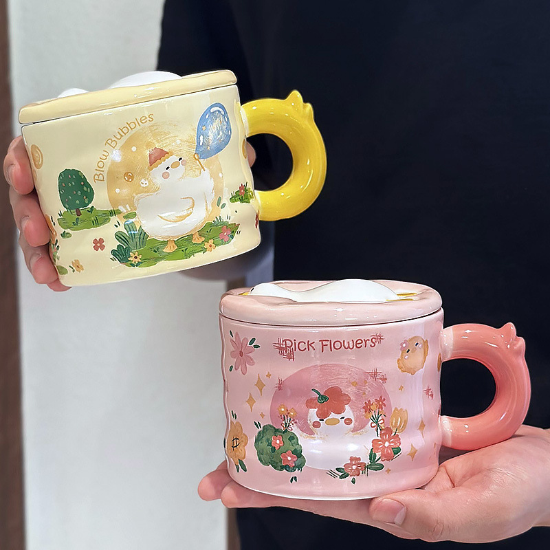 かわいいアヒルのセラミックカップ 蓋付き かわいいセラミックカップ カップルギフト 女の子向け 高価値デザインマグ|undefined