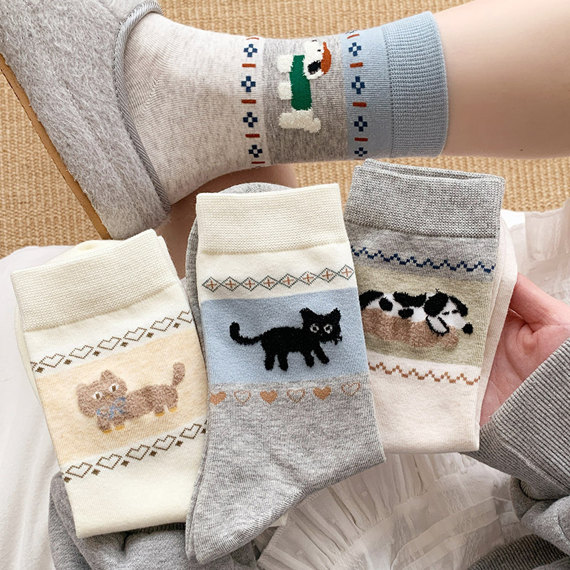 Fair Isle Spring and Summer New Vintage Puppy Socks for Women with Bowknot, Cartoon Japanese Style Cute Mid-Calf Socks, Slimming Effect, Zhuji