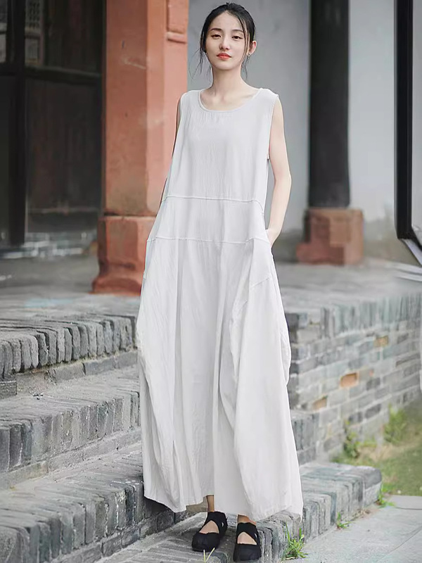 New Style Retro Cotton and Linen Bud Vest Dress Cool Extended Version Splicing Dress