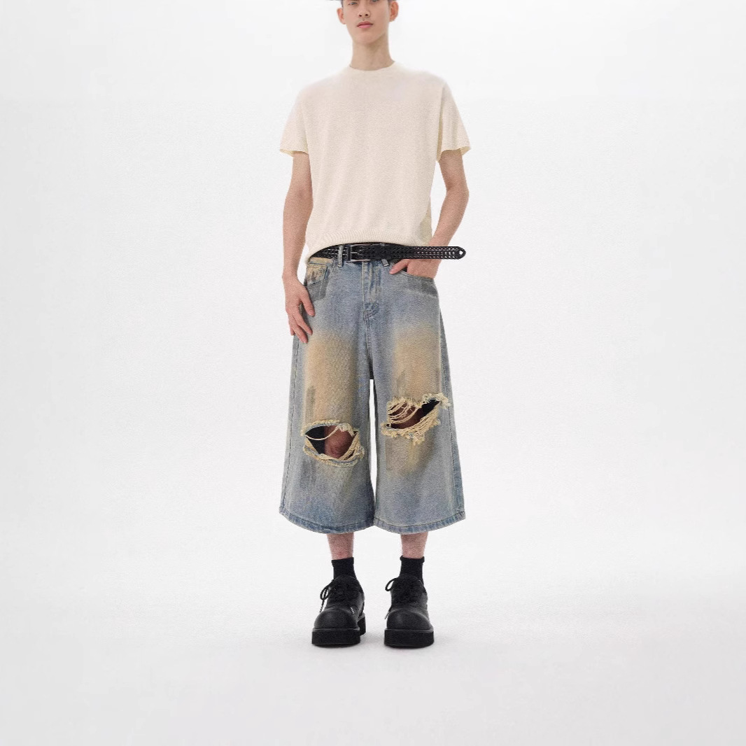 夏季水洗做旧破洞脏脏牛仔短裤男美式高街潮流嘻哈宽松阔腿七分裤