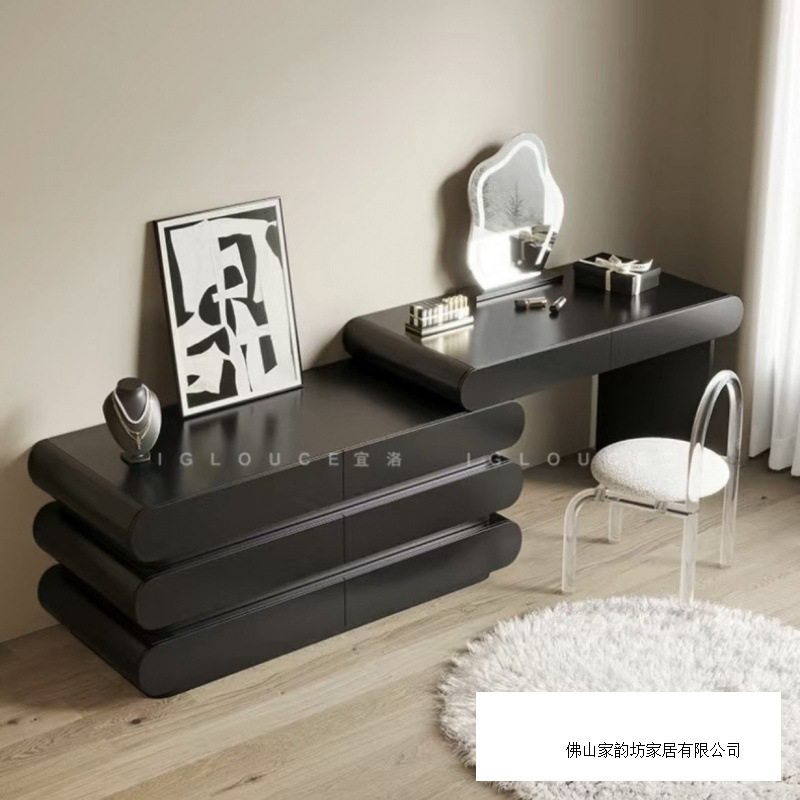 现代简约黑色梳妆台化妆桌斗柜一体家用全实木大小户型卧室高级桌|undefined
