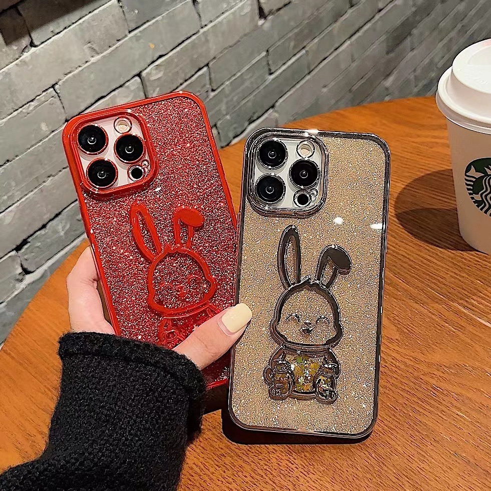 Glitter Quicksand conejo iphone15 electrochapado caja del teléfono para Apple 13pro para Apple 12/11 estéreo suave 14
