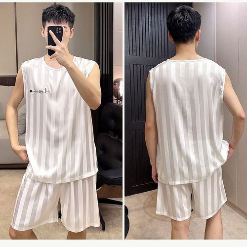 Cool and thin ice silk men's summer vest loose plus size two-piece set, outerwear home wear for wholesale