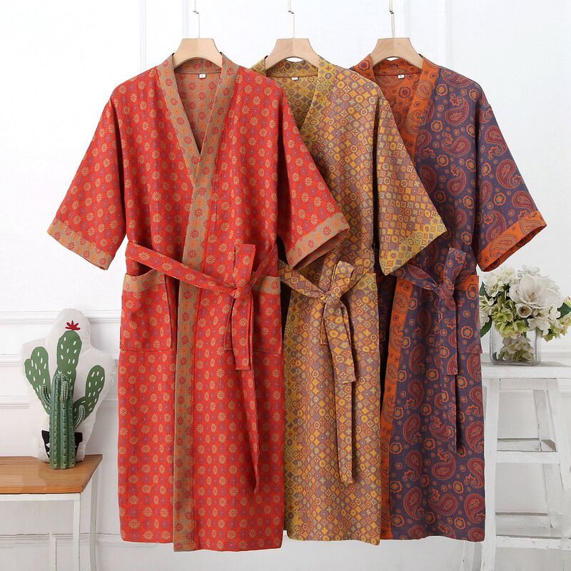 Pure Cotton Double-Layer Gauze Nightgown for Men and Women Japanese Kimono Homestay Hotel Bathrobe Home Clothes Japanese Hanfu