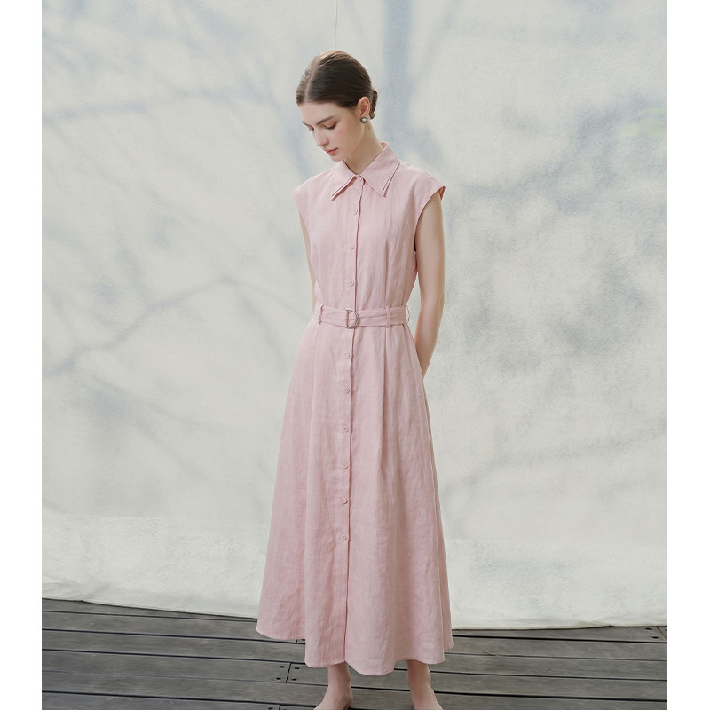 【Goge*Order】Elegant Commuting Little Flutter Sleeve Shirt Dress for Women, Adjustable Waist Tie, Slimming Summer Long Dress