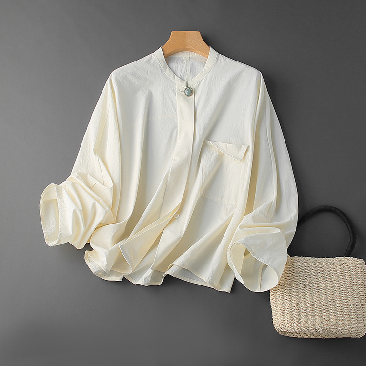 Quality Control B High-Count Pima Cotton Casual Loose Silhouette Stand-Up Collar Dropped Shoulder Sleeves Slim Long-Sleeved Shirt Top for Women