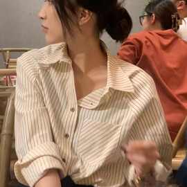 【专供东南亚】宽松美式条纹衬衫女复古衬衣设计感长袖法式上衣