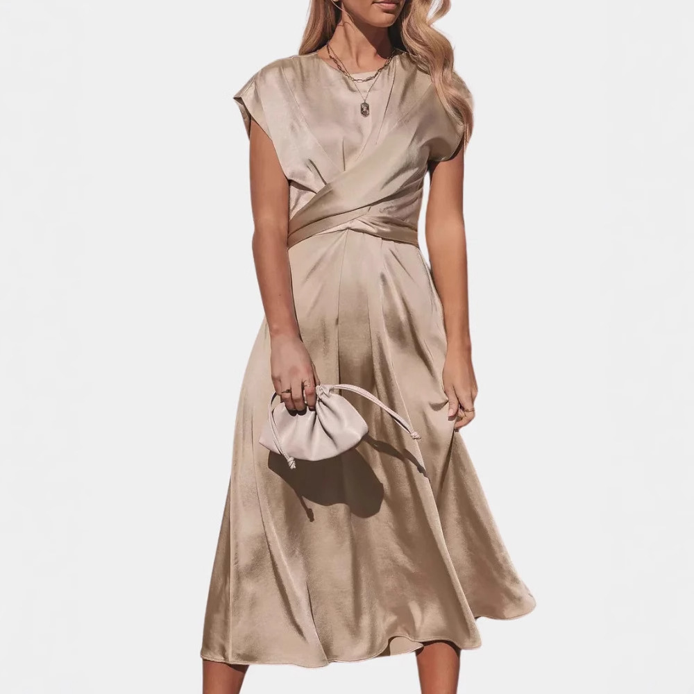 Elegant Satin Sleeveless Women's Dress For Wedding Party Evening Gown With Bow Tie Waist & Flounce Hem_ecoleips.com