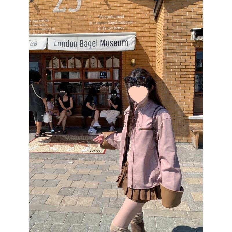 撞色皮衣外套女春秋韩系时尚复古设计感宽松显瘦高级感皮夹克|undefined