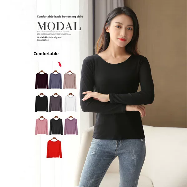 2026 Spring and Autumn Modal Base Layer Women's Plus Size Long Sleeve T-Shirt, Women's Inner Layer Autumn Top, Round Neck Versatile Thin Top