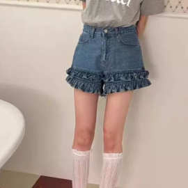 美式辣妹高腰性感超短裤热裤牛仔裤女夏季深蓝色设计感卷边短裤子