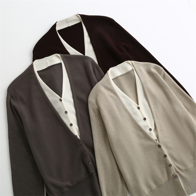 Contrast Color Fake Two-piece Knitted Cardigan Women's Autumn and Winter Wool Blend Commuter All-match Long-sleeved Jacket 8072