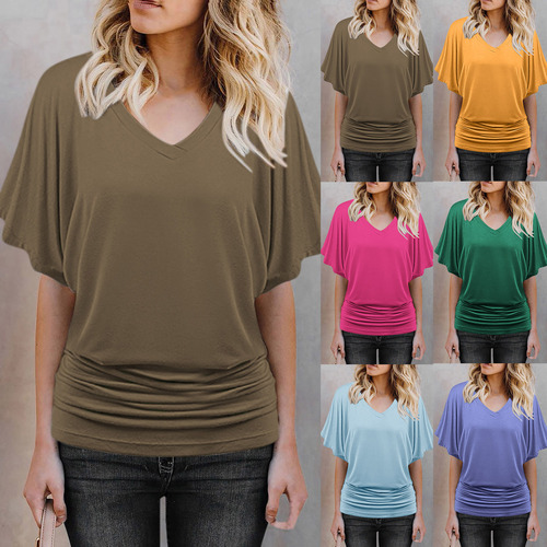 Plus-size women's solid-color V-neck batwing sleeves pleated hem loose casual short-sleeved top
