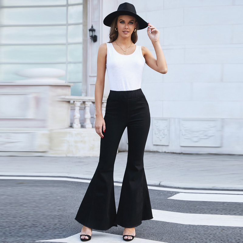 时颖休闲牛仔裤女欧美2022新款纯色喇叭裤女士大码高腰阔腿牛仔裤