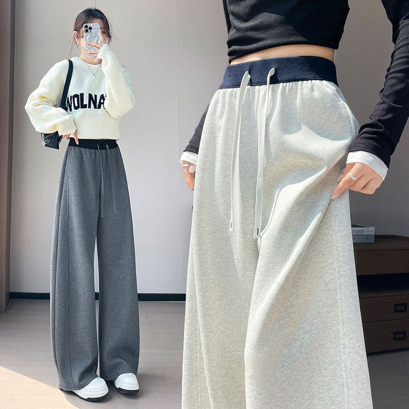 撞色高腰休闲运动裤女2025秋季新款宽松显瘦卫裤直筒阔腿弯刀裤子|undefined