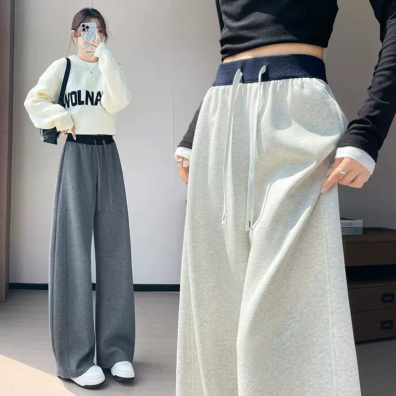 撞色高腰休闲运动裤女2025秋季新款宽松显瘦卫裤直筒阔腿弯刀裤子