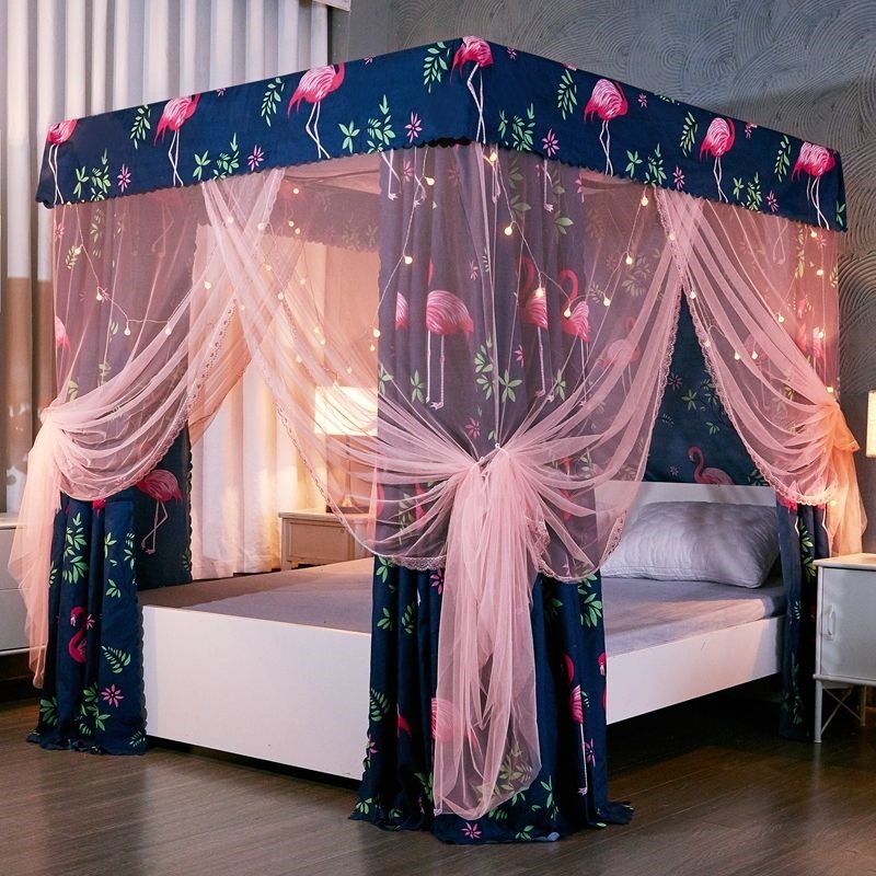 Cortina de cama de tres puertas para dormitorio piso a prueba de viento cortina de cama caliente para cuatro estaciones general a prueba de polvo mosquiteros