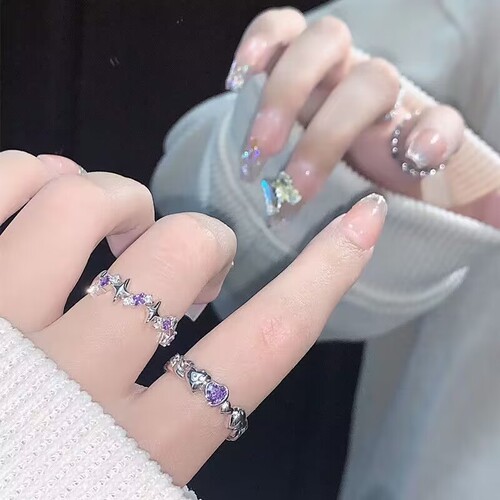 Purple diamond love ring, niche ins, gentle docking, girlfriends, two open, adjustable ring, index finger ring, simple