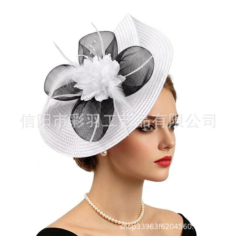 New cross-border headwear: Horse Racing Club mesh top hat, feather headpiece, hair accessory, hair clip, women's headpiece, European and American style top hat for women