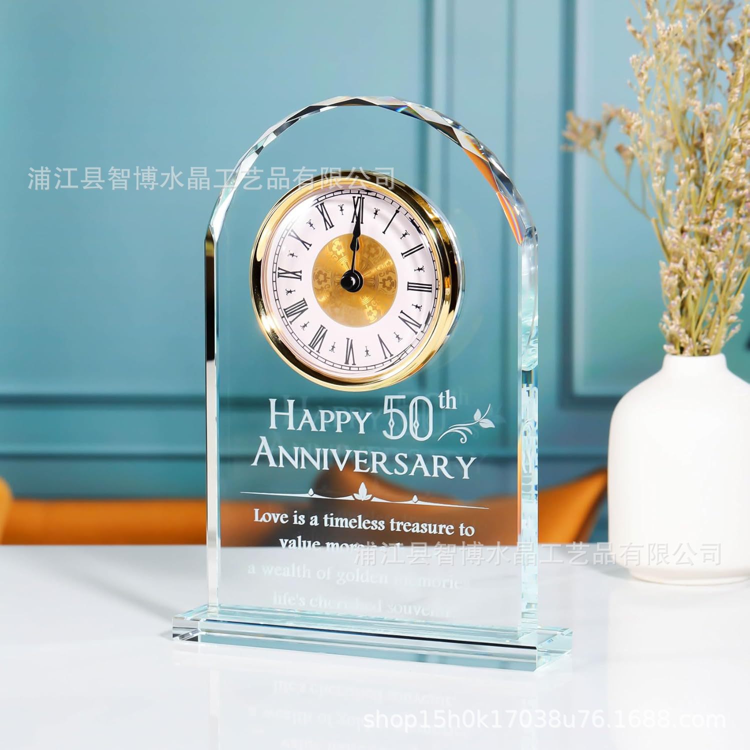 Đồng hồ pha lê kỷ niệm 50 năm ngày cưới, quà tặng cặp đôi, quà lưu niệm kỷ niệm ngày cưới, đồng hồ để bàn, đồ trang trí pha lê