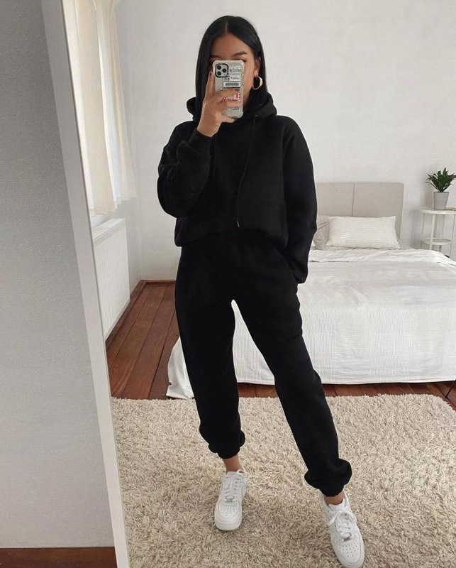 Damen Hoodie Langarm Kapuzenpullover Mit Taschen Einfarbig Casual_voghion.com