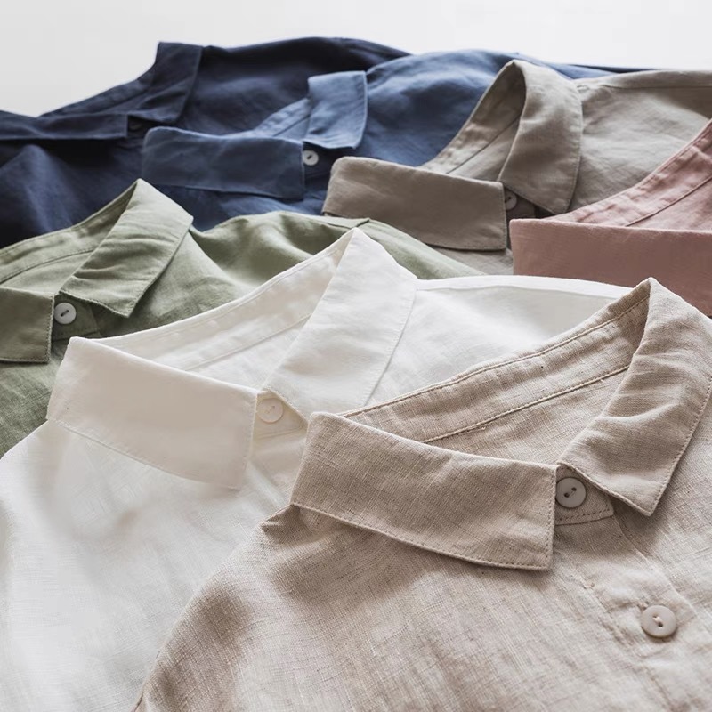 Japanese Style Simple Literary and Artistic Thin High-Count Pure Linen Ribbed Peak Collar Long-Sleeved Loose Artistic Shirt Top for Women