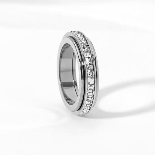 Live broadcast simple single row diamond rotatable ring 18k rose gold plated zircon titanium steel baby's breath ring for women