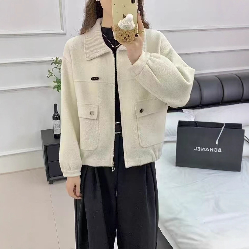 Short Style Chanel-Inspired Jacket for Women, Spring and Autumn, Long-Sleeve, New Woolen Knit Cardigan with Turn-Down Collar and Zipper, Simple Short Coat