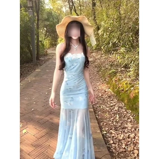 蓝色网纱碎花吊带连衣裙女夏季海边度假沙滩裙修身包臀鱼尾长裙子