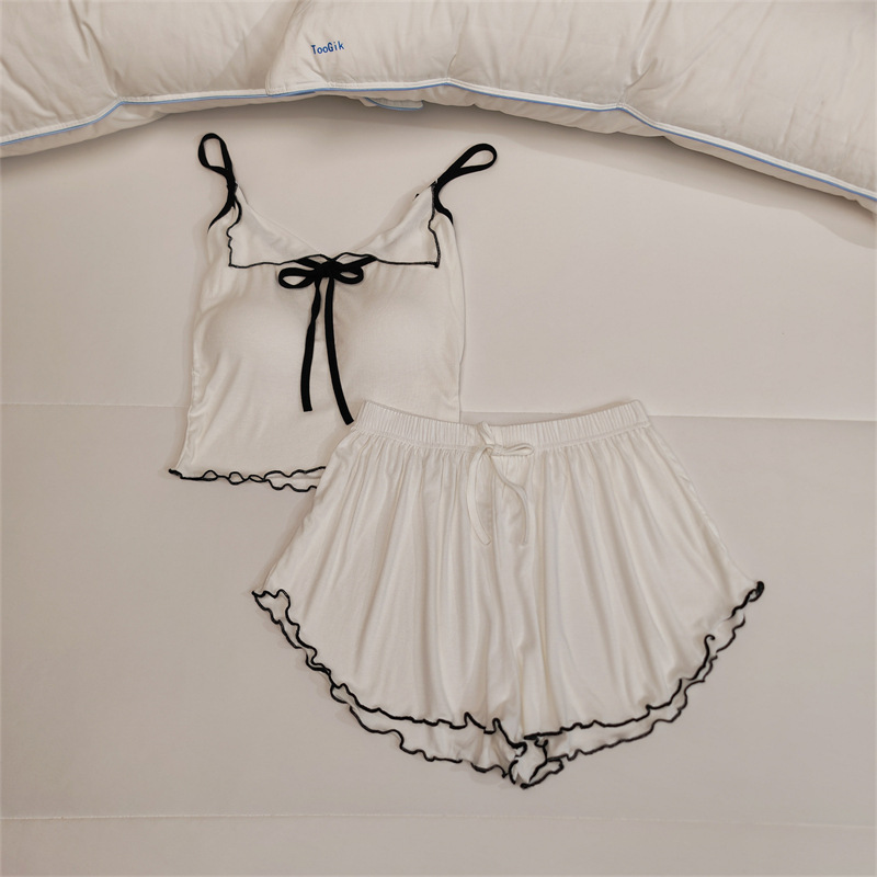 睡衣女夏季帶胸墊純欲風吊帶短褲兩件套新款甜美簡約莫代爾家居服