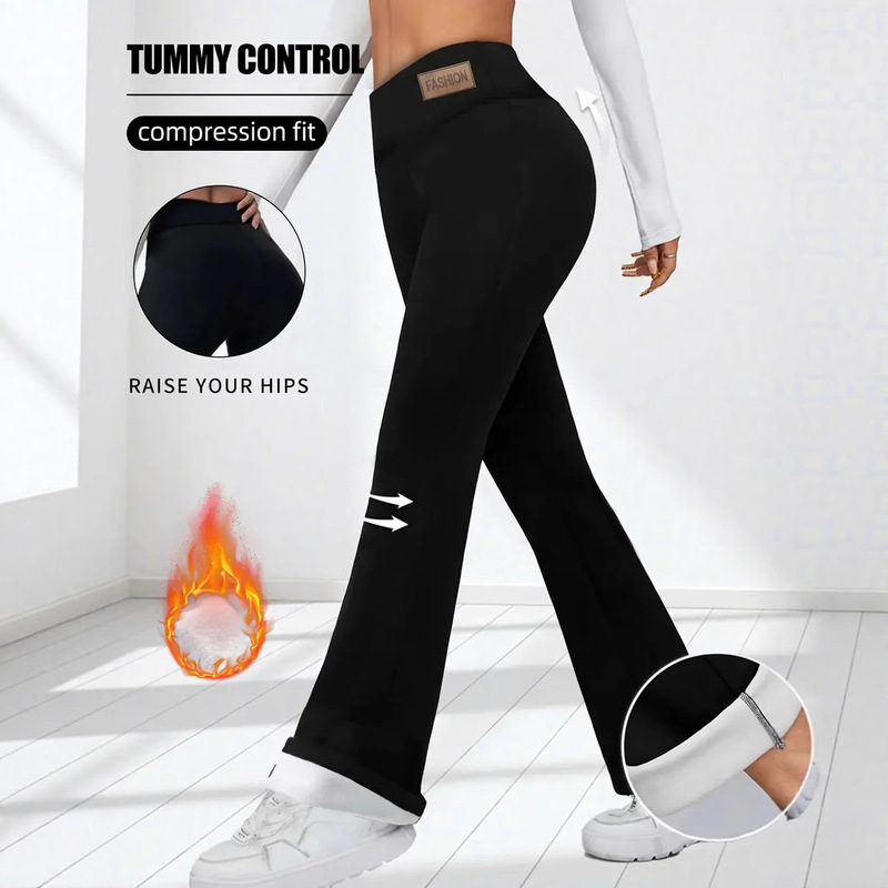 Cross-Border Direct Sales Women's High-Waist Fleece-Lined Bell-Bottom Pants, Warm Yoga Outdoor Sports Pants, Fitness Casual Pants