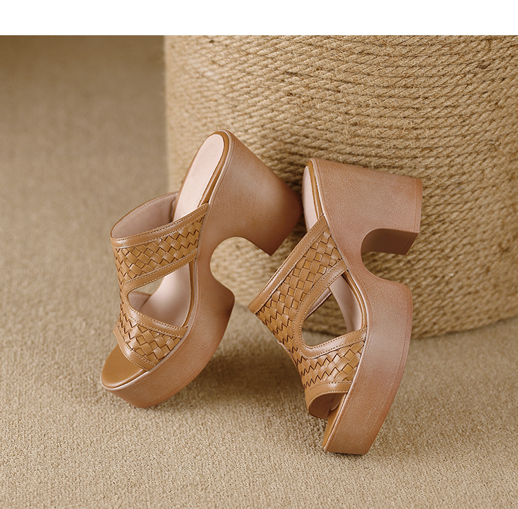 Sandal cao gót nữ đế platform đan chéo da thật gót 9 cm hở mũi — màu nâu, màu đen chi tiết 13