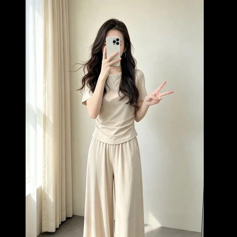Fashionable Women's Summer New Korean Style Versatile Solid Color Short-Sleeved Shirt and Casual Sports Pants Two-Piece Set