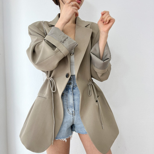 Korean Chic Autumn And Winter French Retro Style Blazer With Drawstring Waist, Slimming Effect, Pockets, Versatile_ecoleips.com