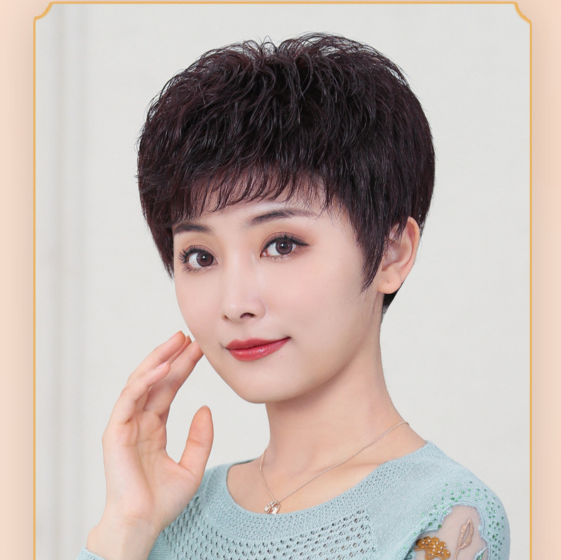 Wig Set for Women with Short Curly Hair, Full Headgear for Mothers with Short Hair, Real Hair, Middle-Aged and Elderly Wig Sets, Full Human Hair, Natural