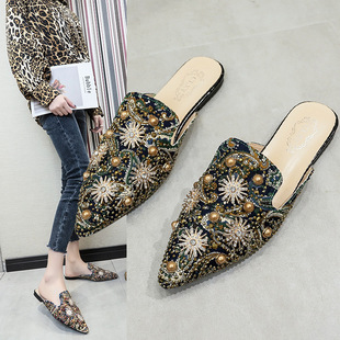 European Station 2024 Spring and Summer New Sexy Printed Hot Drilling Rivet Pearl Pointed Baotou Graffiti Slippers