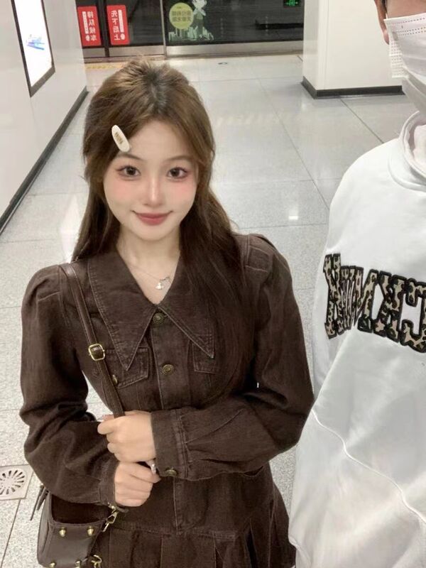 辣妹美拉德穿搭复古长袖牛仔连衣裙女秋季收腰显瘦百褶裙字短裙|undefined